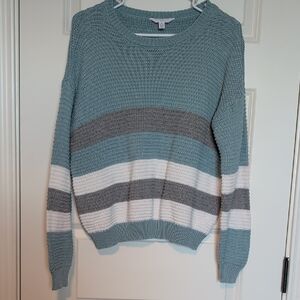 Time and Tru Striped Crew Neck Sweater - Teal, Gray, and White, Medium PTP 23